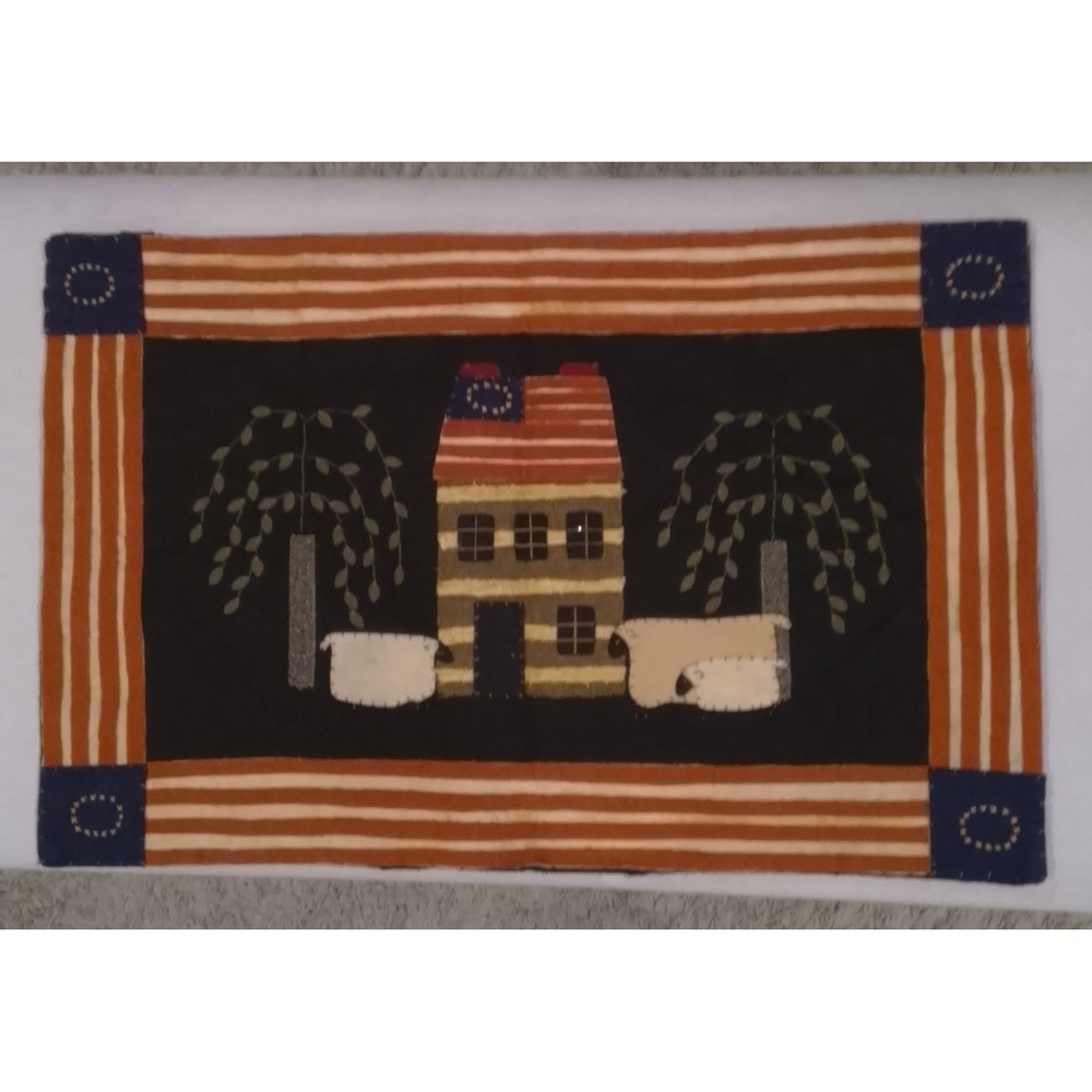 Primitive Folk Art Wool Applique Wall Hanging Saltbox House Sheep Willow Tree